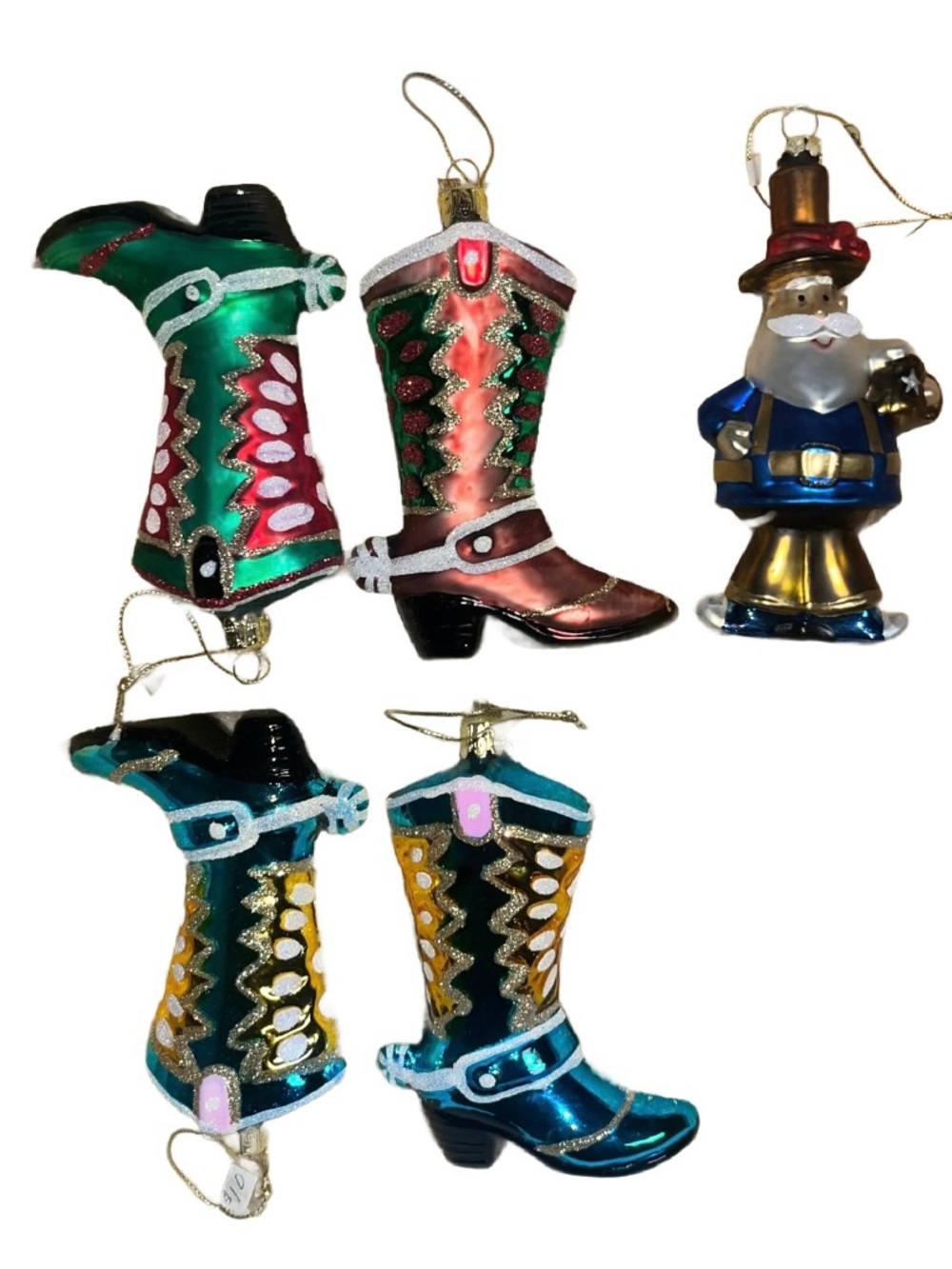 Two’s Company~ 4 Cowboy Boots & 1 Cowboy Santa Clause Ornaments (New W/ Tags)